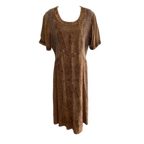 Bila Womens Brown Boho Embroidered Midi Dress L 100% Rayon Short Sleeve Tie Back - Picture 8 of 8